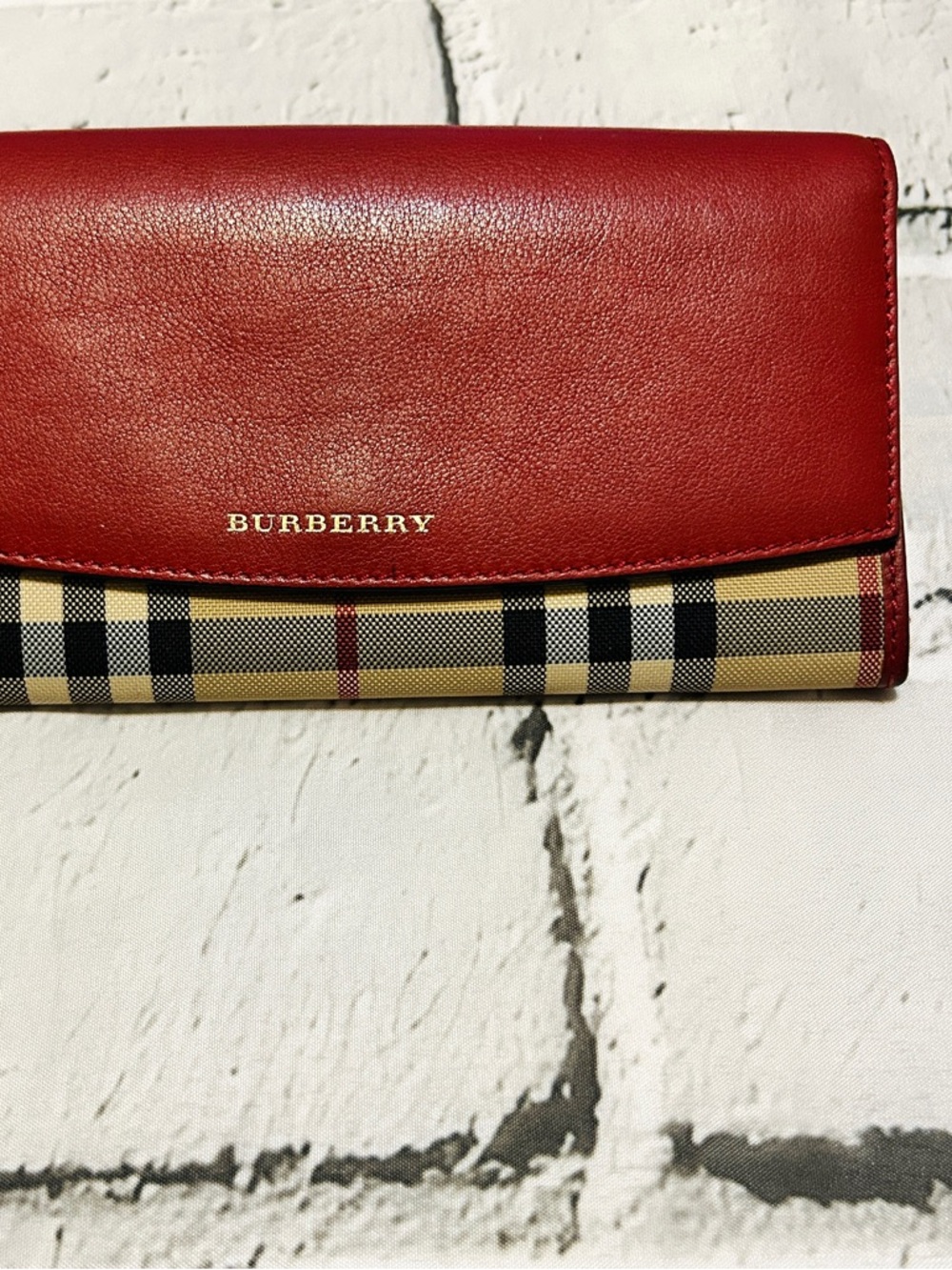 Burberry Red Leather & Nova Check Long Flap Wallet - Fits Phone